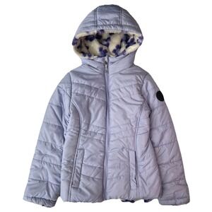 Steve Madden Girls 7/8 Purple Reversible Puffer Jacket Faux Fur Floral Hood